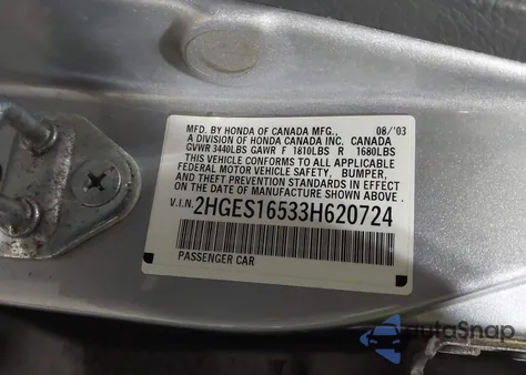 2003 Honda Civic Lx из США, поврежденный, VIN 2HGES16533H620724